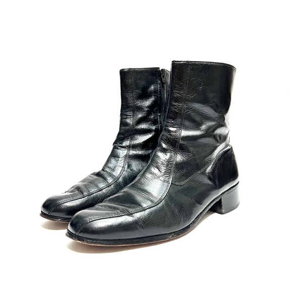Vintage 1970s men's black leather zip up ankle dress boots